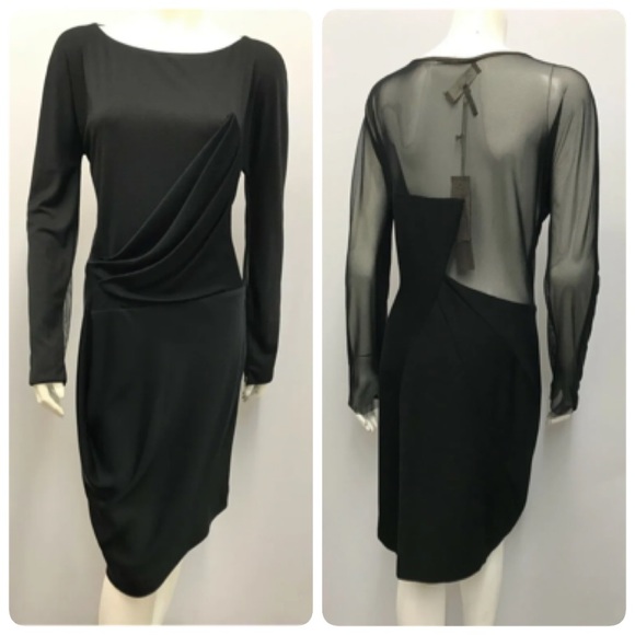 Max Azria Dress Black NWT $448 Front Drape Sleeves and Back Partly Sheer 12‎ - Picture 1 of 8